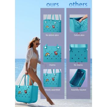 EVA Beach Tote Bag for Swimming, Pool & Travel – Waterproof Washable Rubber Handbag with 2 Random Charms, Lightweight & Sand-Resistant (Blue) | Other Colors Available in Store
