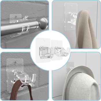 4-Pack No-Drill Self-Adhesive Curtain Rod Brackets for Smooth Walls, Universal Fit for Bathroom & Bedroom (Transparent)