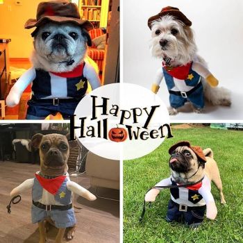 pet products Small Dog Cowboy Costume with Hat 2pcs Funny Halloween Chucky Costumes Cool West Cowboy Uniform Puppy Denim Overalls Western Cosplay Sheriff Outfits Cat Apparel