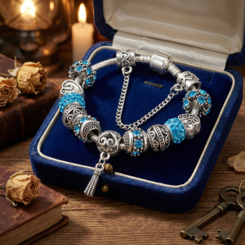 Women’s Vintage Silver-Plated Charm Bracelet - Crystal-Embedded Hollow Carved Multi-Bead Fashion Jewelry(blue-17cm)