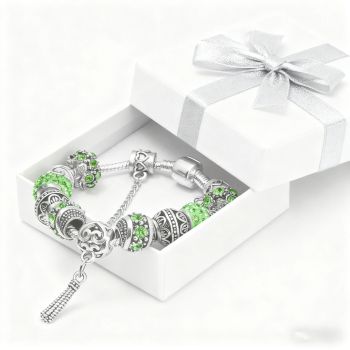 Women’s Vintage Silver-Plated Charm Bracelet - Crystal-Embedded Hollow Carved Multi-Bead Fashion Jewelry(green-19cm)