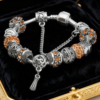 Women’s Vintage Silver-Plated Charm Bracelet - Crystal-Embedded Hollow Carved Multi-Bead Fashion Jewelry(orange-19cm)