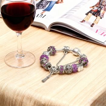 Women’s Vintage Silver-Plated Charm Bracelet - Crystal-Embedded Hollow Carved Multi-Bead Fashion Jewelry(purple-19cm)
