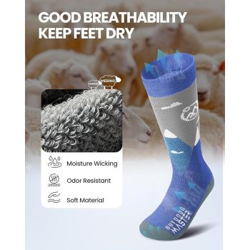 OutdoorMaster Merino Wool Ski Socks for Kids Boys & Girls Thermal Winter Warm Snowboarding Cold Weather-Blue Mountains - 2 Pack,Small