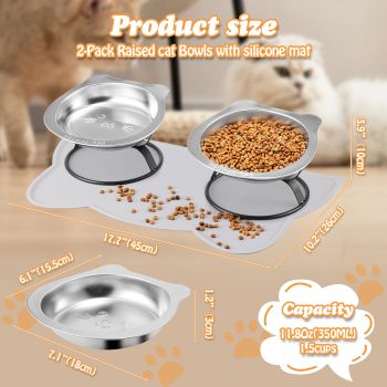 Elevated Cat Bowls with Food Mat & Metal Stand - 7.1" Wide Stainless Steel Whisker Friendly Dishes, 15° Tilt for Cats/Kittens/Small Dogs, Indoor/Outdoor & Travel Use (2-Pack) HBGmao-hao