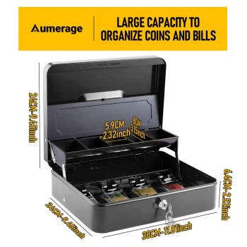 Lockable Cash Box with Coin Tray – Durable Metal Money Box with Key Lock for Bills & Change – White