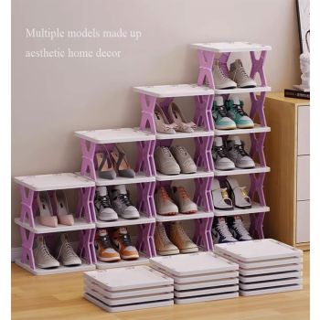 5-tier Vertical Shoe Rack Foldable, Corner Shelf for Narrow Space,Purple
