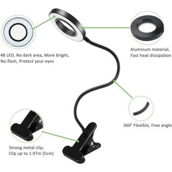 7W USB Clip Desk Lamp 48 LEDs 3 Colors 10 Brightness Levels Black