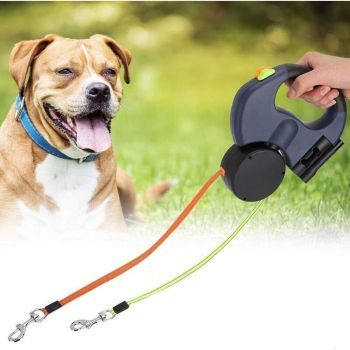 Retractable Double Dog Leash with 2 Cords 360 Degree Tangle Free Black, 3 m