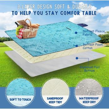 Waterproof Plaid Picnic Blanket Peacock Blue with Handle, 200 x 150 cm