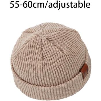 Knitted Hat - Rolled Brim Beanie - Warm Winter Hat - Knit Wool Brimless Cap - Unisex - Beige