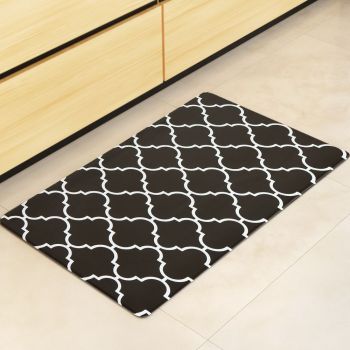 Non-Slip PVC Kitchen Floor Mat 45 x 75 cm, Waterproof Rug, Black Moroccan Trellis