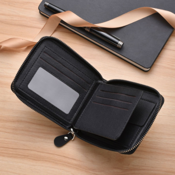 Men's Leather Wallet with Zipper and Horse Embossed Design, Multi-Card Bifold Wallet, Black