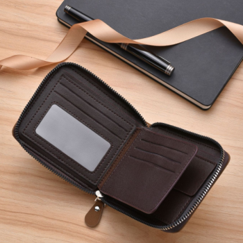 Men's Leather Wallet with Zipper and Horse Embossed Design, Multi-Card Bifold Wallet, Brown