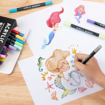 12-Color Dual-Tip Acrylic Marker Set, 1-5 mm Round Tip and 1 mm Fine Tip Paint Pens