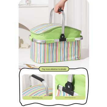 27L Foldable Insulated Picnic Basket Cooler Bag with Aluminum Handles, Green Striped Thermal Hamper