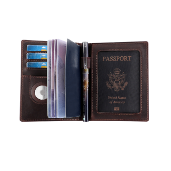 Crazy Horse Leather Passport Wallet with AirTag Holder, RFID Travel Document Organizer