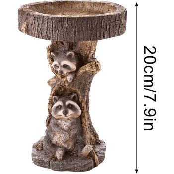Raccoon Resin Bird Bath Feeder for Garden Decor, Tree Stump Style Outdoor Bird Feeder, 9.8 x 6.6 x 5.9 in