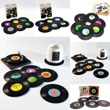 6 Pack Vinyl Record Drink Coasters with Record Player Holder, Retro Cup Mats, 10.5 cm