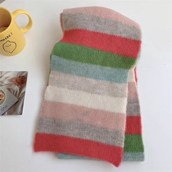 Womens Knitted Color Block Winter Scarf Off White Pink Green