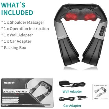 Shiatsu Neck Shoulder Massager with Red Light Heat, 8 Deep Kneading Nodes 3 Speed Bi-Directional Rotation Massage Shawl,  for Neck Back Waist Leg Home Office Car Use, AC & Car Adapters Included