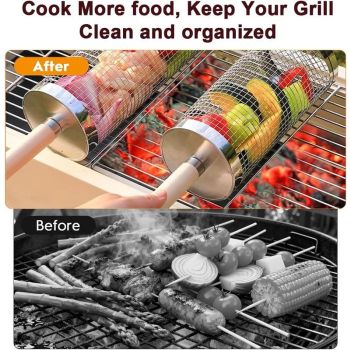 2-Pack Rolling Grill Baskets 304 Stainless Steel with Removable Wooden Handle for Vegetables and Shrimp, 35 x 9.5 cm