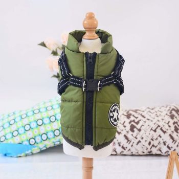 Army Green Winter Waterproof Dog Jacket with Harness, Comfortable Padded Puffer Vest for Small and Medium Breeds, Size M with Reflective Trim