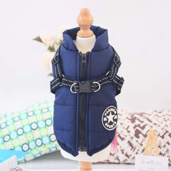 Navy Blue Winter Waterproof Dog Jacket with Integrated Harness, Windproof Warm Coat with Reflective Trim, Size XL for Large Dogs with Adjustable Collar
