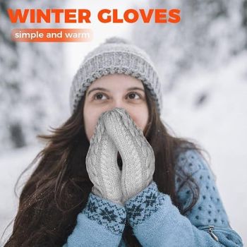 Black Thick Fleece Lined Insulated Mittens for Women, Crochet Knit Design with Inner Fleece Lining, Button Fastening Stretchy Fit for Cold Weather