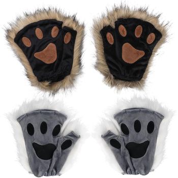 Black Grey Half Finger Cat Paw Therian Gloves for Kids and Adults Cosplay, Embroidered Realistic Faux Fur Paws with Plush Texture for Stage and Costume Parties