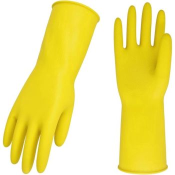 Yellow Rubber Cleaning Gloves 3 Pairs Size L, Waterproof Reusable with Non-Slip Granulated Palm, Soft Cotton Velvet Lining for Kitchen Bathroom and Car Washing