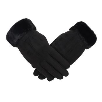 Women's Elegant Faux Suede Winter Gloves with Cozy Fleece Lining and Faux Fur Cuff, Touchscreen Compatible Right Index Finger, Available in 9 Attractive Colors
