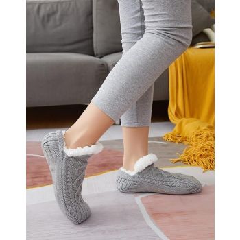 Gray Warm Non-Slip Knitted Thick Lined Cozy Winter Slippers for Women and Men, One Size Fits Most with Silicone Grips, Perfect for Home and Indoor Use