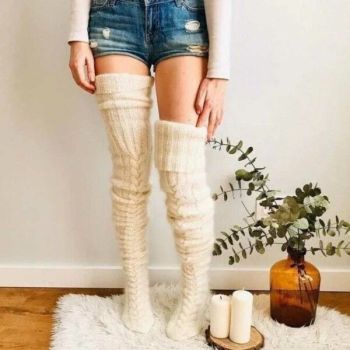 White Warm Knitted Knee High and Thigh High Socks, Super Soft Wool Blend 75 cm Length, Machine Washable Perfect for Autumn Winter with Skirts and Dresses