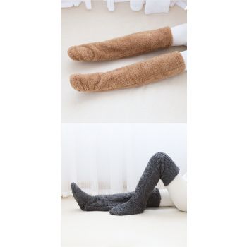 Navy Grey Over Knee High Fuzzy Plush Teddy Slipper Socks for Women, Open Toe Non-Slip Extra Long 55 cm for Warmth Indoors Outdoors, Perfect Gift for Christmas