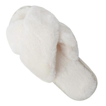 White Cross Strap Fluffy Open Toe Slippers for Women, Memory Foam Cushion Non-Slip Sole, Soft Plush Home Shoes Indoor Outdoor Size M