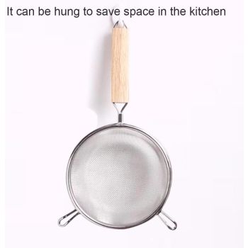 304 Stainless Steel Fine Mesh Kitchen Strainer with Wooden Handle for Sifting Flour, Draining Ingredients and Straining Sauces, 18 x 32 cm