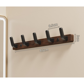 Walnut Wood Wall Coat Rack with 5 Black Alloy Hooks for Coats, Bags, Keys and Towels, Space-Saving Entryway Storage, 25 x 3 cm