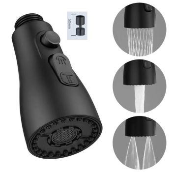 Kitchen Faucet Nozzle, 360 Degree Rotation Rotating Mixer Tap Sprayer, ABS material, 3 Spray Modes, Silver/Black Finish Options