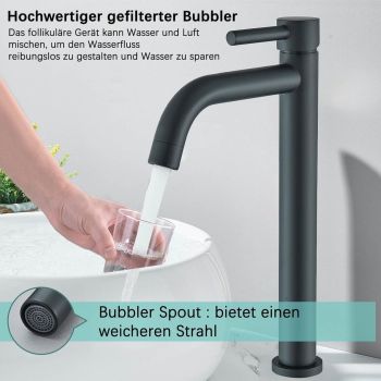 Black brass bathroom washbasin tap- high spout, ceramic cartridge, single handle, s included material, 1/2" Thread, Matte Black Finish