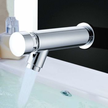 Modern Self-closing Brass Bathroom Sink Faucet, G1/2 Thread, cold water use, water-saving flow, ceramic cartridge, Chrome Finish