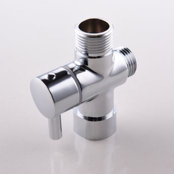 3-way T-connector with shut-off valve for bathroom, 7 x 7 Overall Size, 1 x 3 Overall Size, leak-resistant use, Silver Finish