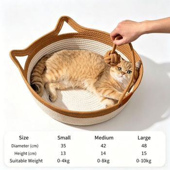 Cat Bed Rope Cotton, Cotton Rope Woven Round Cat Beds Basket with Built-in Teasing Ball, Handwoven Foldable Scratchable for Small & Large pet Brown（M）