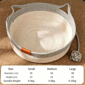 Cat Bed Rope Cotton, Cotton Rope Woven Round Cat Beds Basket with Built-in Teasing Ball, Handwoven Foldable Scratchable for Small & Large pet Gray（S）