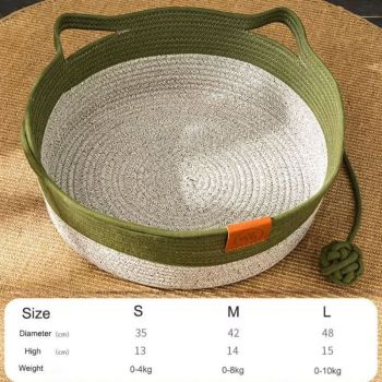 Cat Bed Rope Cotton, Cotton Rope Woven Round Cat Beds Basket with Built-in Teasing Ball, Handwoven Foldable Scratchable for Small & Large pet Green（M）