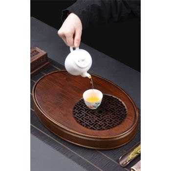 Oval Kungfu Bamboo Tea Tray Table Box with Water Storage for Gongfu Tea Set (Walnut colored oval，Medium)
