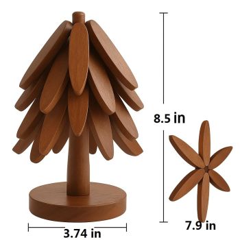 New Set of 4 Kitchen Table Decor Foldable Wooden Trivets for Hot Pots and Pans,Tree Shape Trivets walnut