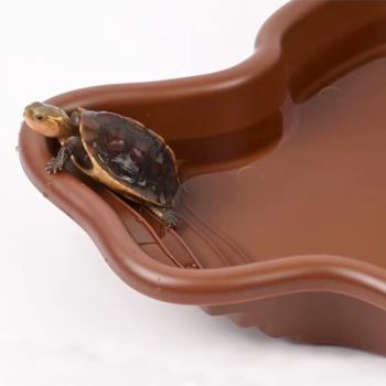 Extra Large Reptile Bathing Pool Reptile Feeding Dish Water Bowl with Ramp Aquarium Ornament for Gecko, Snake, Turtle, Bearded Dragon, Lizard Bath (Brown)