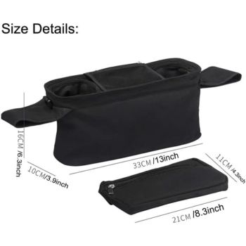 Universal Stroller Organizer with Insulated Cup Holder, Detachable Phone Bag, Shoulder Strap – Fits All Stroller Types, Keeps Drinks Hot/Cold (Black)