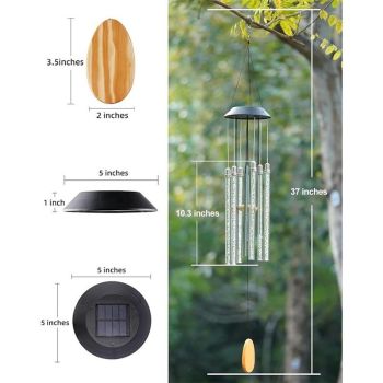 Solar Wind Chimes for Outside,37 Inch Memorial Wind Chimes Gifts for Mom Grandma, 6 LED Tubes Color Changing Waterproof Windchimes Hanging Ornament